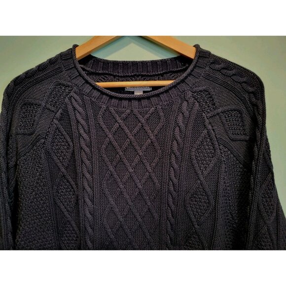 Mens LL Bean Signature Black Cableknit Fisherman Sweater Sz L - Picture 2 of 8